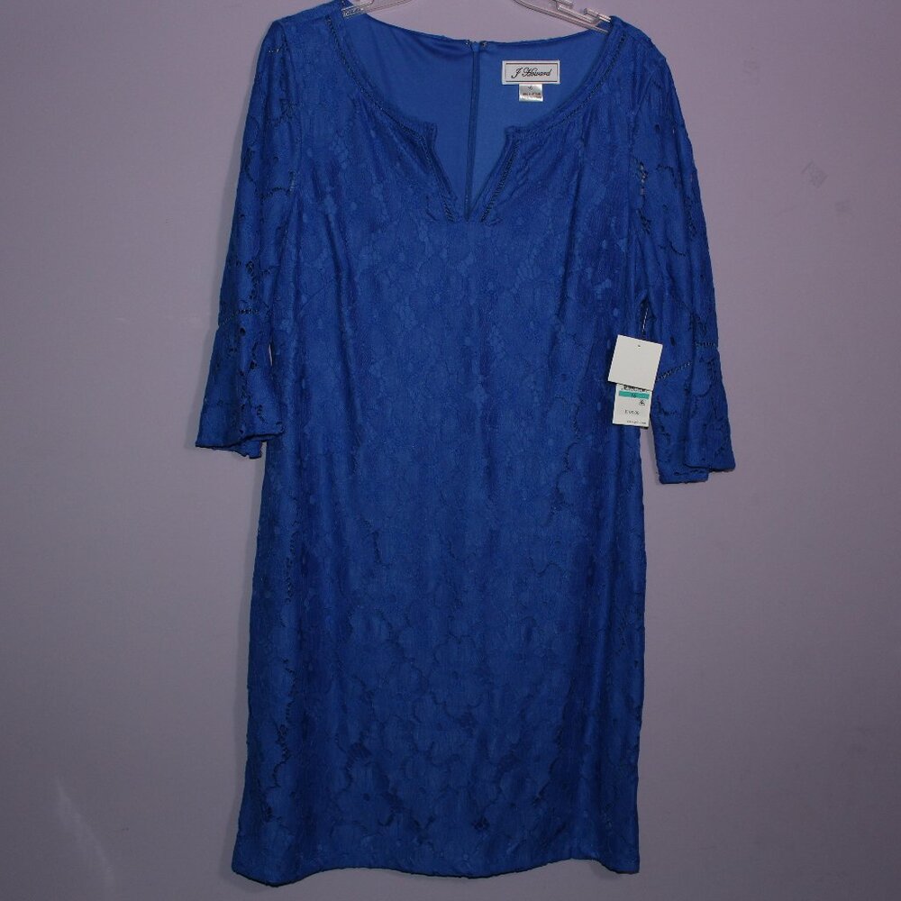 J Howard Blue Floral Lace Overlay Dress Size 16 V-Neck with Ruffled Sleeves